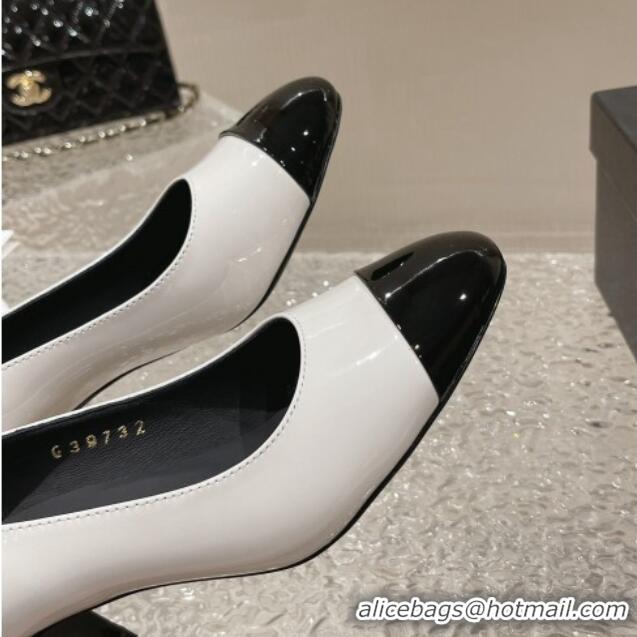 Best Price Chanel Patent Calfskin Medium Heel Pumps 6.5cm White 619107 