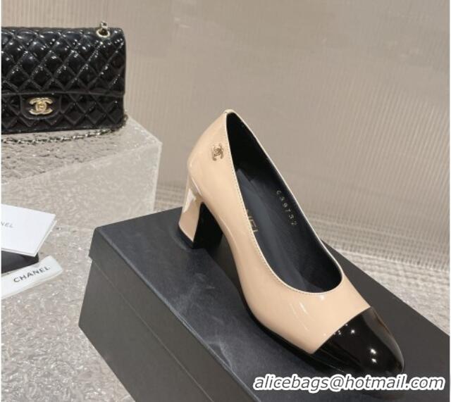 Grade Quality Chanel Patent Calfskin Medium Heel Pumps 6.5cm Beige 619108