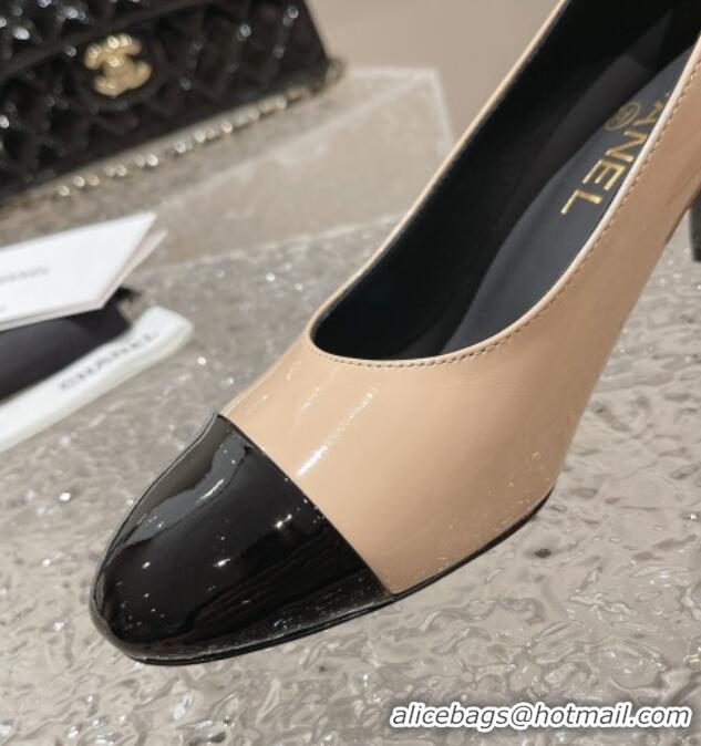 Grade Quality Chanel Patent Calfskin Medium Heel Pumps 6.5cm Beige 619108