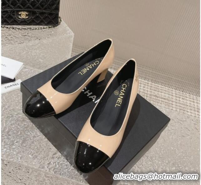 Grade Quality Chanel Patent Calfskin Medium Heel Pumps 6.5cm Beige 619108