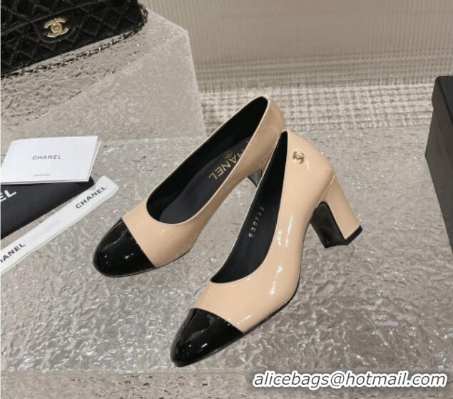 Grade Quality Chanel Patent Calfskin Medium Heel Pumps 6.5cm Beige 619108