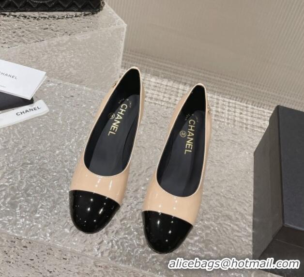 Grade Quality Chanel Patent Calfskin Medium Heel Pumps 6.5cm Beige 619108