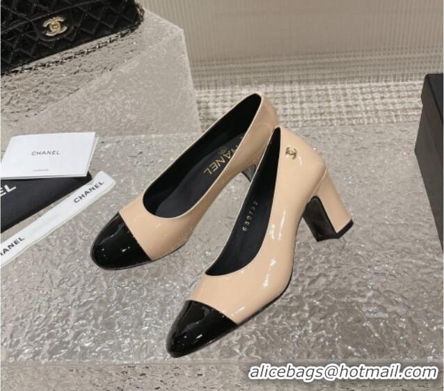 Grade Quality Chanel Patent Calfskin Medium Heel Pumps 6.5cm Beige 619108