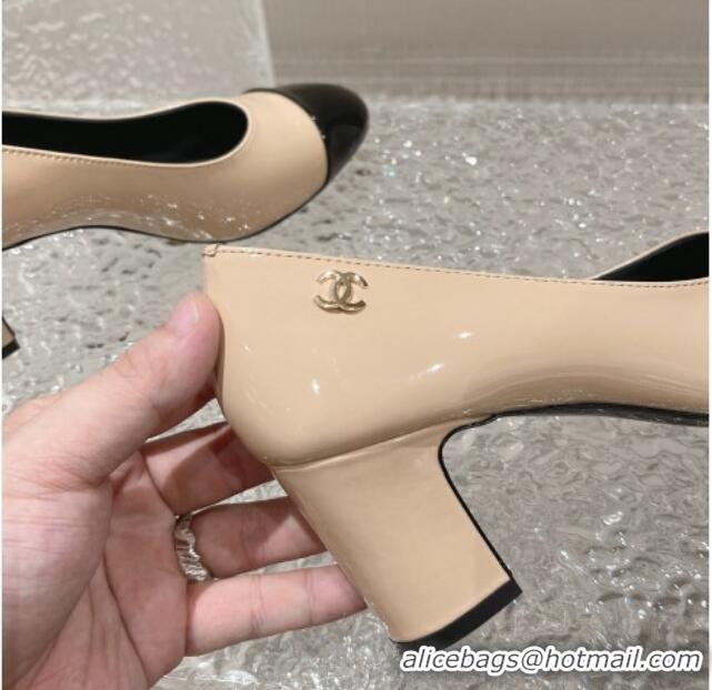 Grade Quality Chanel Patent Calfskin Medium Heel Pumps 6.5cm Beige 619108