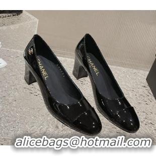 Best Grade Chanel Patent Calfskin Medium Heel Pumps 6.5cm Black 619109