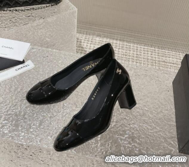 Best Grade Chanel Patent Calfskin Medium Heel Pumps 6.5cm Black 619109