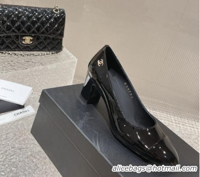 Best Grade Chanel Patent Calfskin Medium Heel Pumps 6.5cm Black 619109