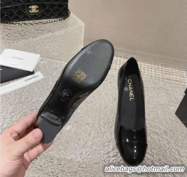 Best Grade Chanel Patent Calfskin Medium Heel Pumps 6.5cm Black 619109