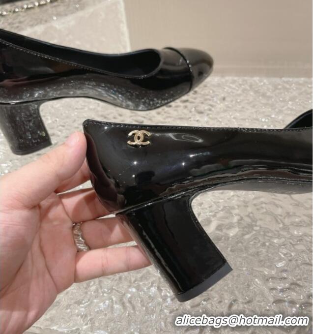 Best Grade Chanel Patent Calfskin Medium Heel Pumps 6.5cm Black 619109