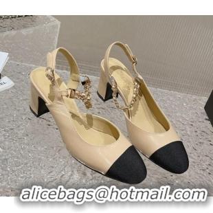 Sumptuous Chanel Lambskin Medium Heel Slingback Pumps 6.5cm with Chain Beige 619110