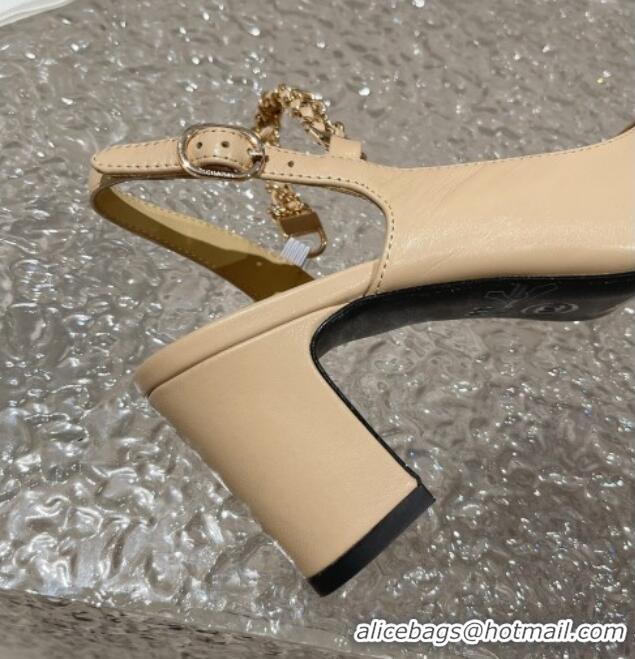 Sumptuous Chanel Lambskin Medium Heel Slingback Pumps 6.5cm with Chain Beige 619110