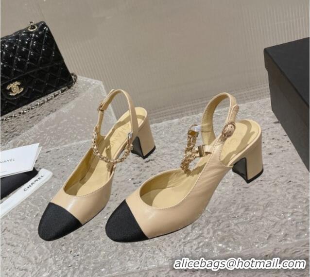 Sumptuous Chanel Lambskin Medium Heel Slingback Pumps 6.5cm with Chain Beige 619110