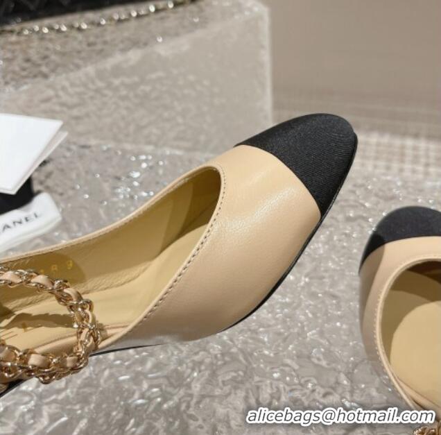 Sumptuous Chanel Lambskin Medium Heel Slingback Pumps 6.5cm with Chain Beige 619110