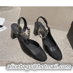 Good Looking Chanel Lambskin Medium Heel Slingback Pumps 6.5cm with Chain Black 619111