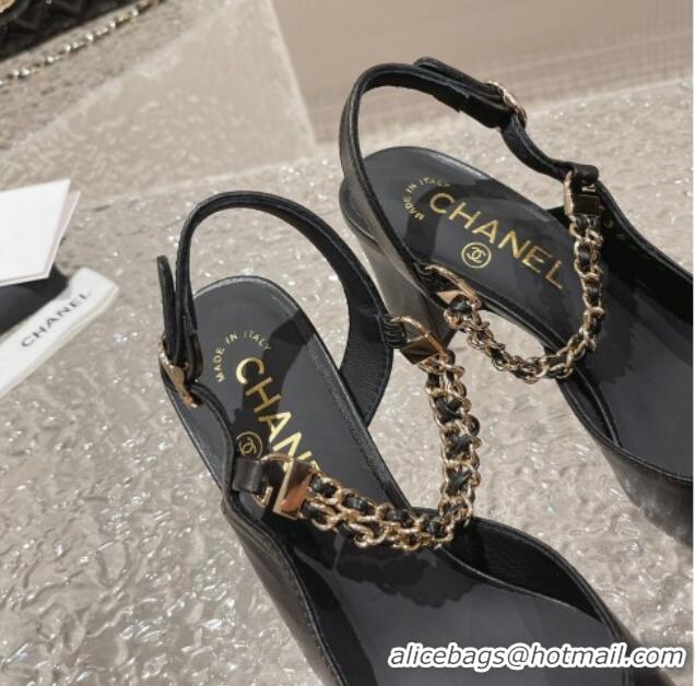 Good Looking Chanel Lambskin Medium Heel Slingback Pumps 6.5cm with Chain Black 619111