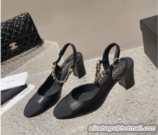 Good Looking Chanel Lambskin Medium Heel Slingback Pumps 6.5cm with Chain Black 619111