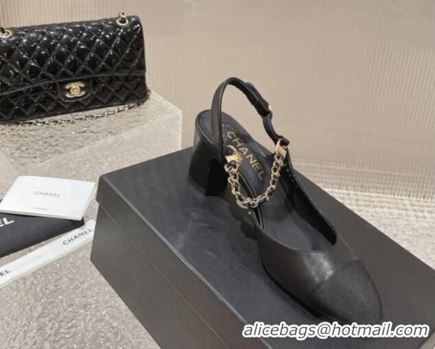 Good Looking Chanel Lambskin Medium Heel Slingback Pumps 6.5cm with Chain Black 619111