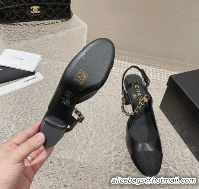 Good Looking Chanel Lambskin Medium Heel Slingback Pumps 6.5cm with Chain Black 619111