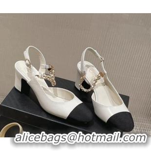 Duplicate Chanel Lambskin Medium Heel Slingback Pumps 6.5cm with Chain White 619112