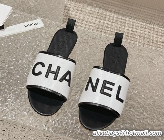 Best Product Chanel Calfskin Flat Slide Sandals White 619113