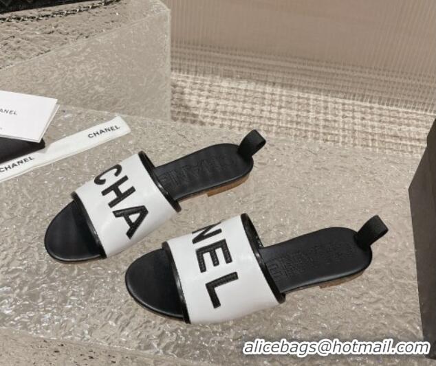 Best Product Chanel Calfskin Flat Slide Sandals White 619113