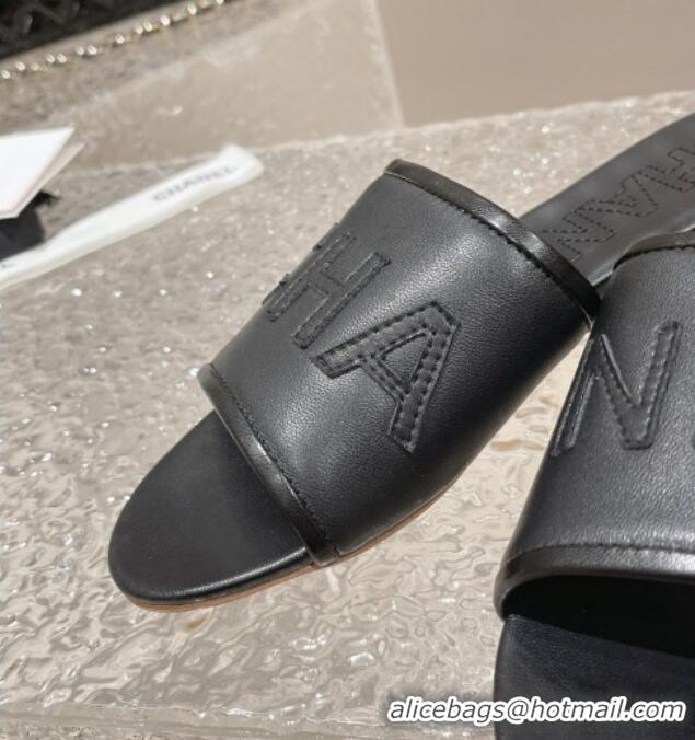 Good Quality Chanel Calfskin Flat Slide Sandals Black 619114