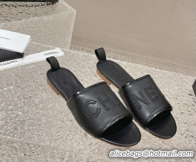 Good Quality Chanel Calfskin Flat Slide Sandals Black 619114