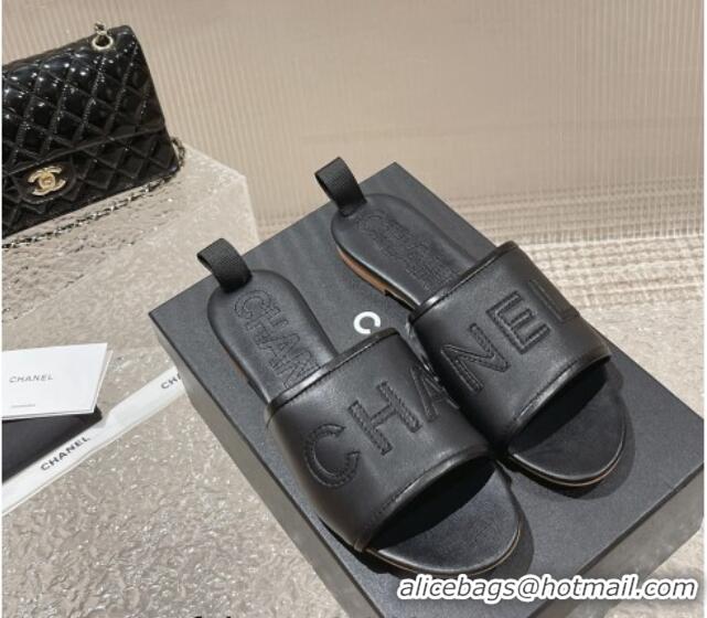 Good Quality Chanel Calfskin Flat Slide Sandals Black 619114