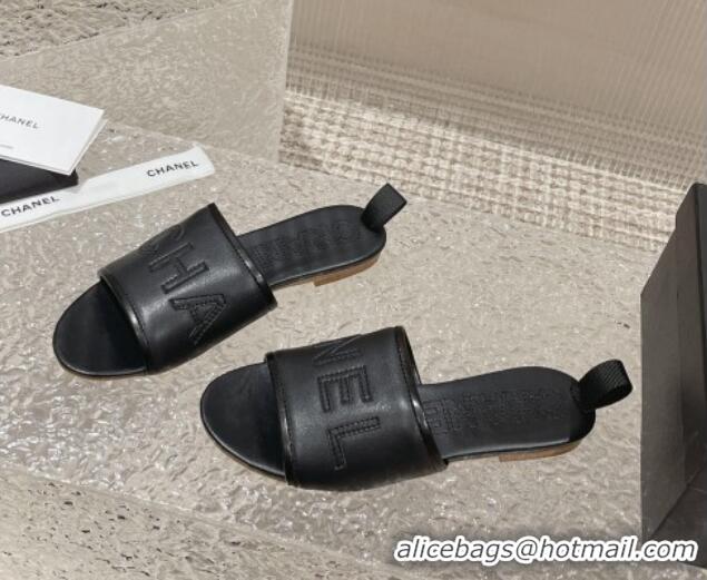 Good Quality Chanel Calfskin Flat Slide Sandals Black 619114