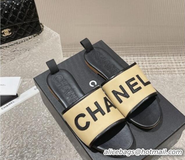 Unique Style Chanel Calfskin Flat Slide Sandals Beige 619115