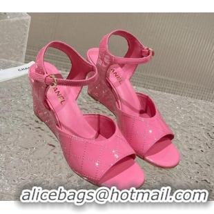 Luxury Chanel Patent Calfskin Wedge Sandals Pink 619116