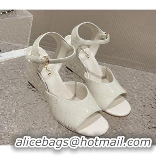 Stylish Chanel Patent Calfskin Wedge Sandals White 619117