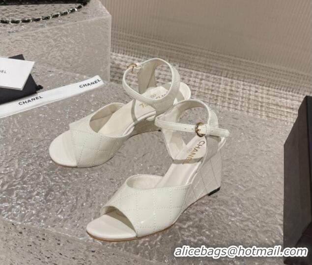 Stylish Chanel Patent Calfskin Wedge Sandals White 619117