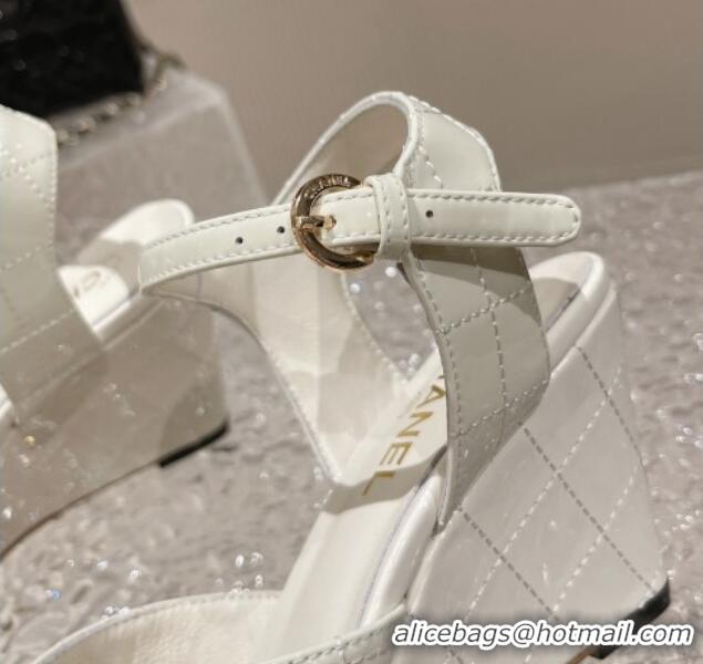 Stylish Chanel Patent Calfskin Wedge Sandals White 619117