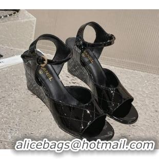 Discount Chanel Patent Calfskin Wedge Sandals Black 619118