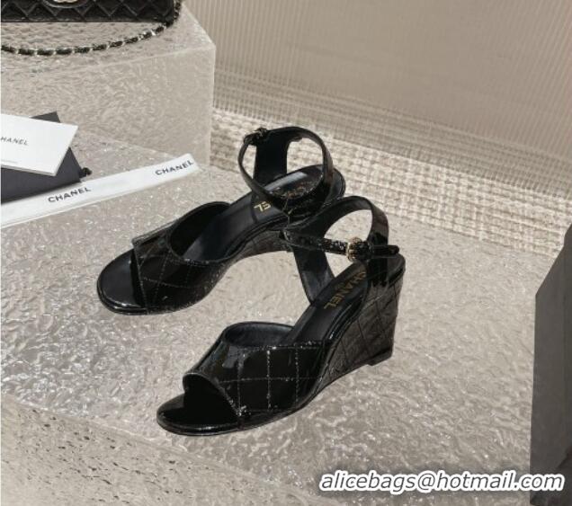 Discount Chanel Patent Calfskin Wedge Sandals Black 619118