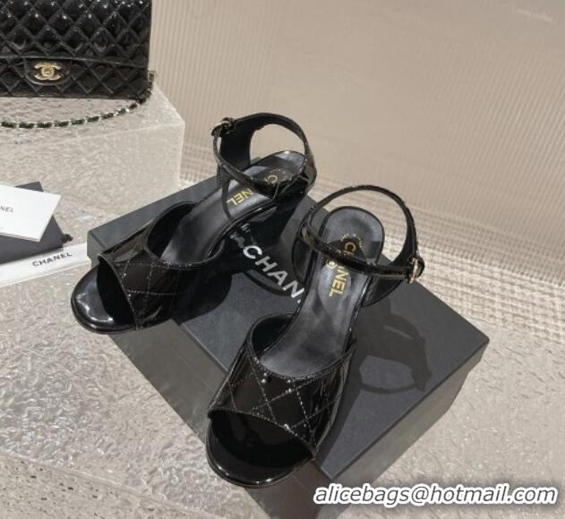 Discount Chanel Patent Calfskin Wedge Sandals Black 619118