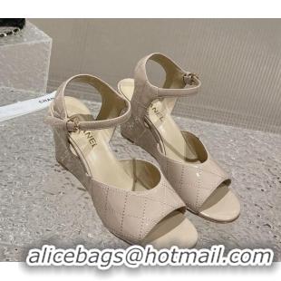 Fashion Chanel Patent Calfskin Wedge Sandals Beige 619119