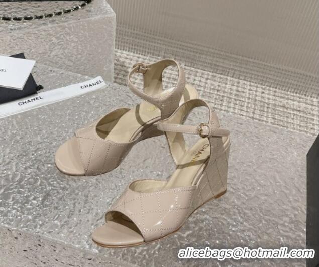 Fashion Chanel Patent Calfskin Wedge Sandals Beige 619119