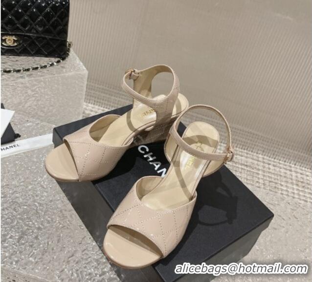 Fashion Chanel Patent Calfskin Wedge Sandals Beige 619119