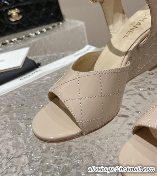 Fashion Chanel Patent Calfskin Wedge Sandals Beige 619119