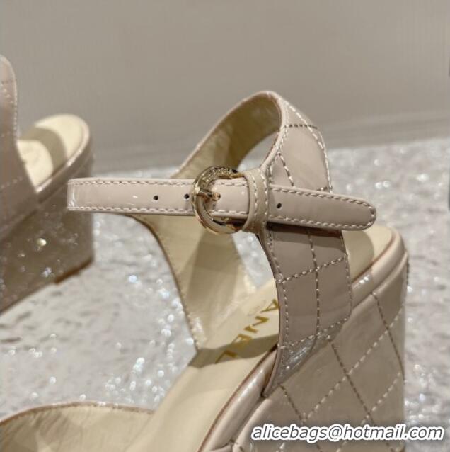 Fashion Chanel Patent Calfskin Wedge Sandals Beige 619119