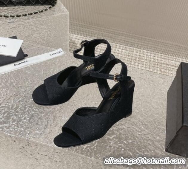 Luxury Chanel Quilted Canvas Wedge Sandals Black 619120