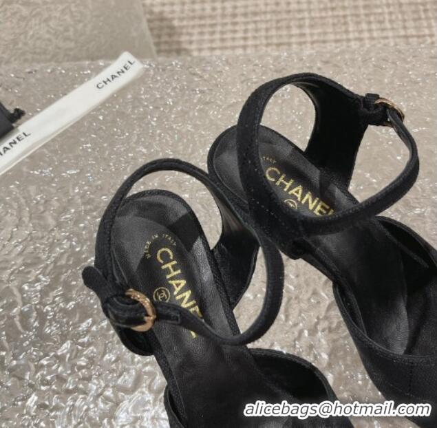 Luxury Chanel Quilted Canvas Wedge Sandals Black 619120