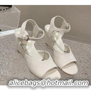 Stylish Chanel Quilted Canvas Wedge Sandals White 619122