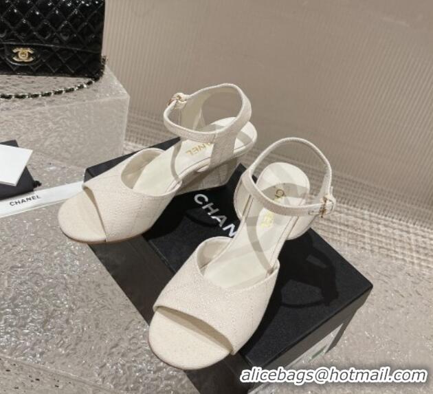 Stylish Chanel Quilted Canvas Wedge Sandals White 619122