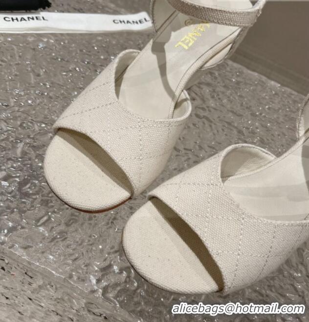 Stylish Chanel Quilted Canvas Wedge Sandals White 619122