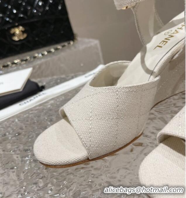 Stylish Chanel Quilted Canvas Wedge Sandals White 619122