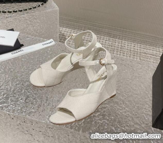 Stylish Chanel Quilted Canvas Wedge Sandals White 619122