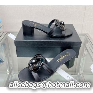 Grade Chanel Camellia Lambskin Heel Slide Sandals 5.5cm Black 619124